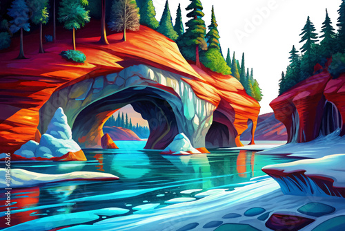 Apostle Islands Ice Caves Wisconsin Frozen red cliffs forming dazzling natural ice caves and crystalline blue tunnels along the cold lakeshore
