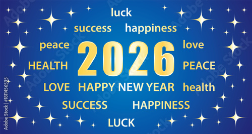 Happy New Year 2026. Greeting card with best wishes. Blue and gold vector hand drawn illustration banner.