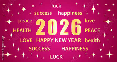 Happy New Year 2026. Greeting card with best wishes. Pink and gold vector hand drawn illustration banner.