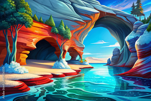 Apostle Islands Ice Caves Wisconsin Frozen red cliffs forming dazzling natural ice caves and crystalline blue tunnels along the cold lakeshore