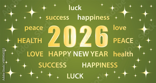 Happy New Year 2026. Greeting card with best wishes. Green and gold vector hand drawn illustration banner.