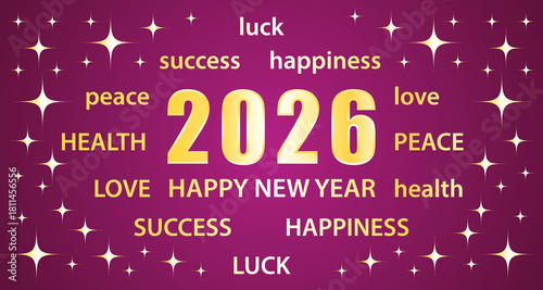 Happy New Year 2026. Greeting card with best wishes. Purple and gold hand drawn illustration banner.