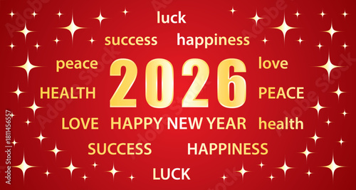 Happy New Year 2026. Greeting card with best wishes. Red and gold vector hand drawn illustration banner.