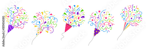 Festive party poppers with confetti and swirling streamers vector set.