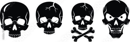Black skulls collection with cracks and crossbones design in vector style for Halloween and spooky themes
