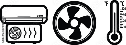 Air conditioning unit fan and thermometer icons simple black line symbols for temperature control and ventilation