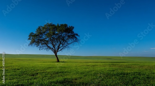 Solitary Tree in Vibrant Green Field under Clear Blue Sky, Realistic Serene Landscape