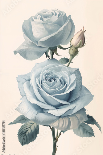 Soft muted tones frame delicate blue rose blossoms through charming retro artwork floral botanical art illustration spring season wallpaper background