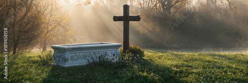 Peaceful memorial scene with rustic cross and stone planter amidst a sunlit meadow, evoking remembrance and serenity in a pastoral landscape