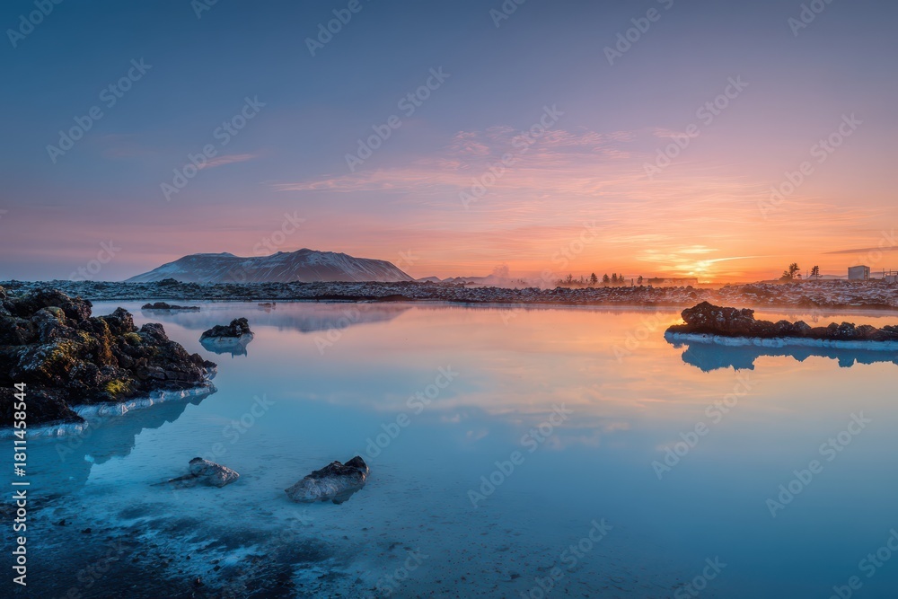 Obraz premium Tranquil Icelandic lagoon at dusk with reflective water and distant mountains