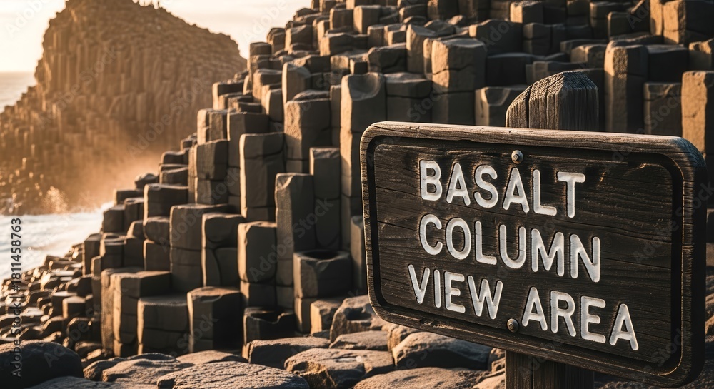 Obraz premium Dramatic View Of Basalt Columns Formation With Sign Illustrating The Location