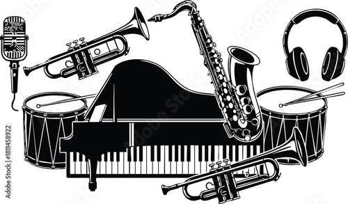 Black and white jazz musical instruments illustration with piano saxophone trumpet drums microphone headphones