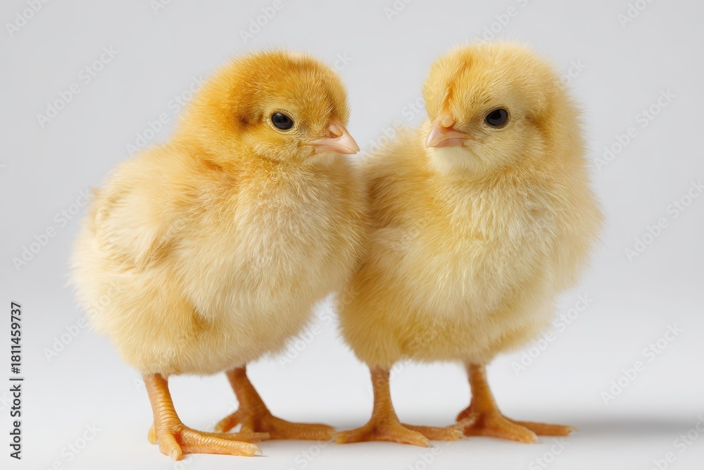 Obraz premium Two fluffy yellow baby chicks on a pristine white background with soft studio lighting