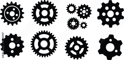 Various black gear icons in different sizes and shapes for mechanical and industrial design elements