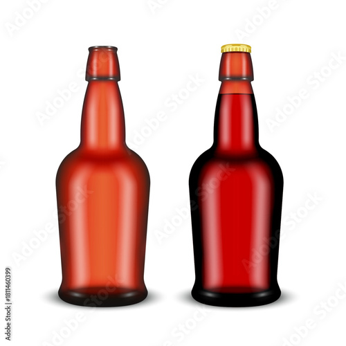 Dark amber glass beer bottle vector 3d mockup set isolated on white background front view, blank and full stubby brown bottles with and without gold crown cap template for craft brewery brand identity