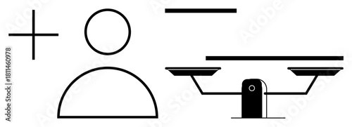 Plus and minus signs, a person outline, and balanced scales represent decision-making, advantages vs. disadvantages, equality, justice, choice assessment and prioritization. Ideal for simple flat