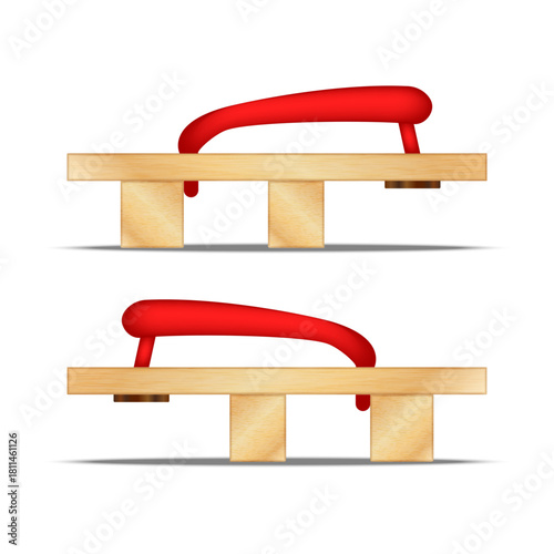 Pair of traditional japanese wooden geta sandals isolated on white side view realistic 3d vector with red straps and two parallel wooden supports.