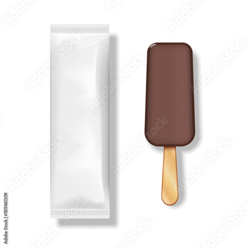 Ice cream bar on a wooden stick covered with chocolate glaze and a white blank wrapper isolated on white background top view, realistic 3d vector mockup ice cream packaging.