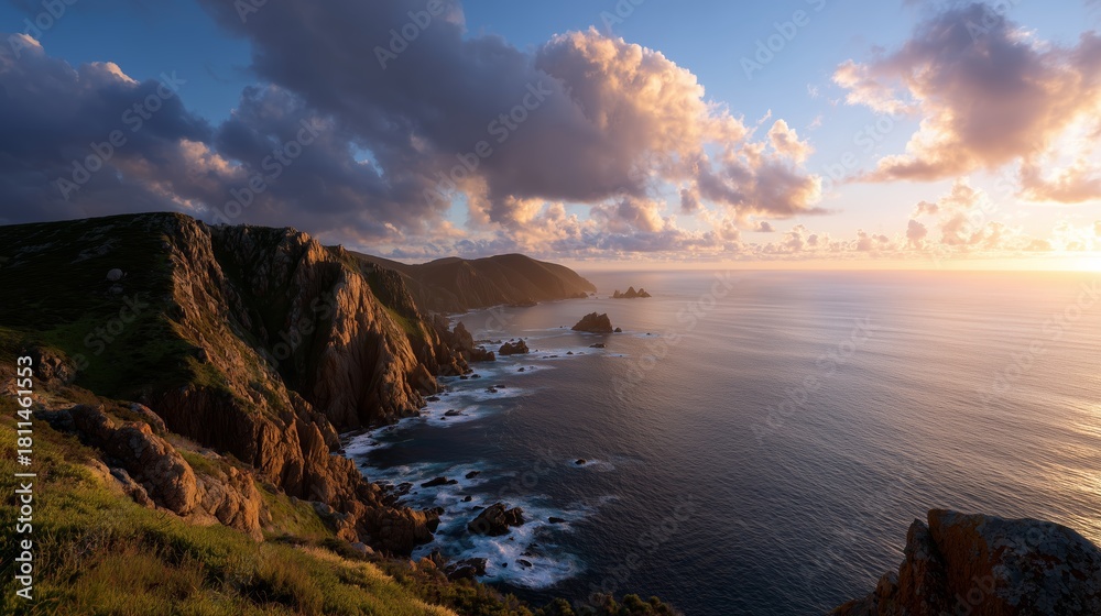 Obraz premium Scenic coastal view at sunset with cliffs and calm ocean waves in the distance