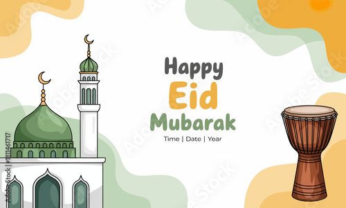 This cheerful greeting card design celebrates Eid Mubarak with festive elements like mosque silhouettes, drums, and vibrant colors, evoking joy and togetherness during the holiday.