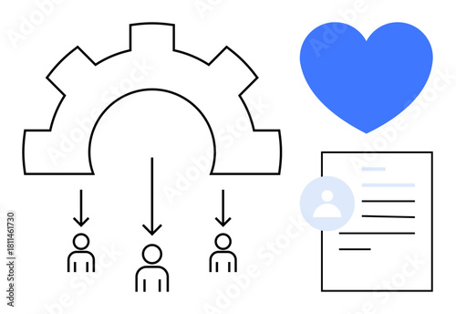 Gear distributing roles to three figures, blue heart for empathy, and profile-centric document. Ideal for teamwork, task management, leadership, care, HR, organizational efficiency simple flat