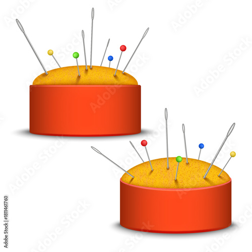 Set of red sewing pin cushion filled with needles and colorful tailor pins realistic 3d vector illustration isolated on white, ideal for handmade and craft projects.