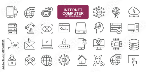 Set of line icons related to internet computer. Outline icons collection