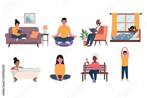A collection of calm self care scenes featuring reading, meditation, bathing, stretching and peaceful daily routines in a soft flat style, highlighting wellness, relaxation and mindful living.