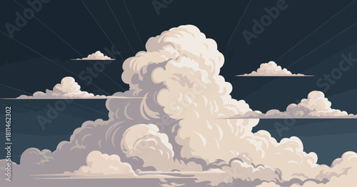 This captivating illustration of fluffy white clouds set against a darkened sky evokes feelings of calm and introspection, highlighting the beauty of natural forms in art.