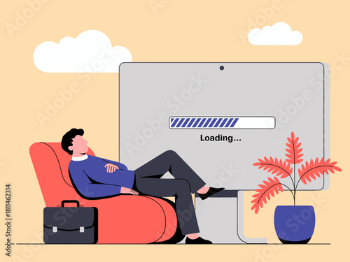 A person lounging comfortably in a red chair, patiently waiting for their computer to load, highlighting the theme of relaxation and the digital era's impact on our daily lives.