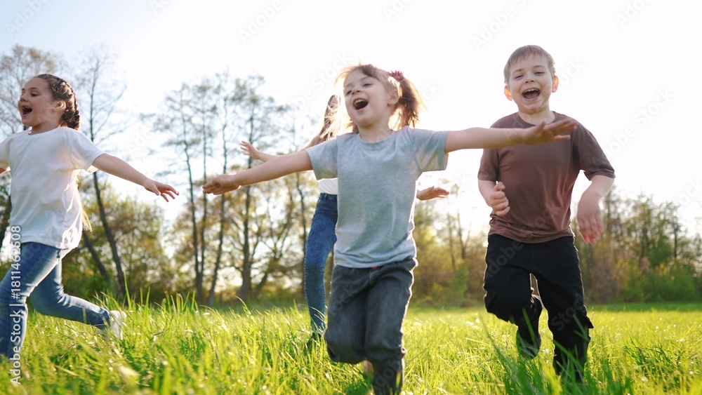 Fototapeta premium group of children running in the park. happy family baby kid dream concept. kindergarten. children hands to the sides play pilots plane run on the lifestyle grass in the summer in the park