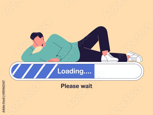 This casual illustration depicts a person lounging lazily while waiting, symbolizing patience and downtime in a modern, relatable style for various contexts.