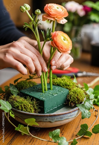 Arranging orange ranunculus flowers in a floral foam centerpiece