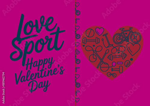 This Valentine's Day card combines love and sport elements, featuring a heart made of sports items, perfect for celebrating fitness enthusiasts in a romantic way.