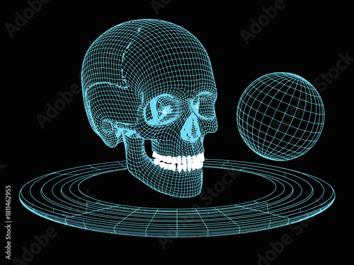 This captivating 3D design features a skull with intricate wireframe detailing, complemented by a spherical shape, emphasizing the blend of science and art in visuals.