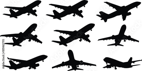 Silhouettes of multiple commercial airplanes flying in different angles isolated on white background aviation concept