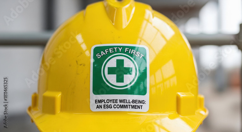 Yellow hard hat with safety first sticker for employee well being an esg commitment. serious financial and business responsibility showing corporate governance and worker safety