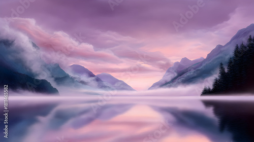 Serene Mountain Lake: A mesmerizing landscape of tranquil waters mirroring the majestic mountains under a dreamy sky, creating an atmosphere of peace and serenity.