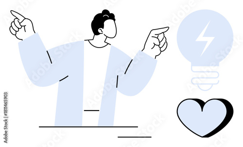 Abstract person gestures toward lightbulb for creativity and heart for compassion. Ideal for leadership, communication, teamwork, innovation, emotional intelligence, energy, ideas. Simple flat