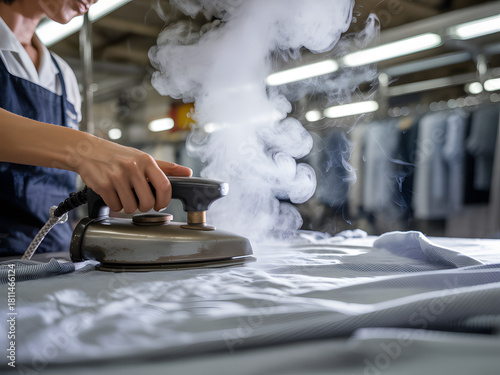 Professional dry cleaner ironing shirt with industrial steam iron