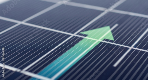 Green arrow up on solar panel represents optimistic esg business growth. positive financial investment in sustainable and clean energy for future of our planet