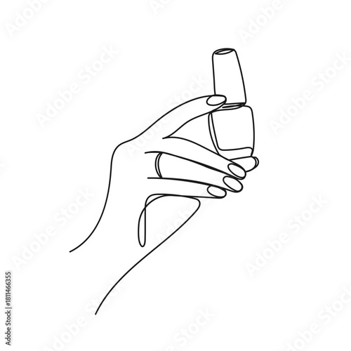 Minimalist line art hand holding nail polish bottle. Vector illustration for beauty, cosmetics, fashion, wellness, manicure, self-care concepts.