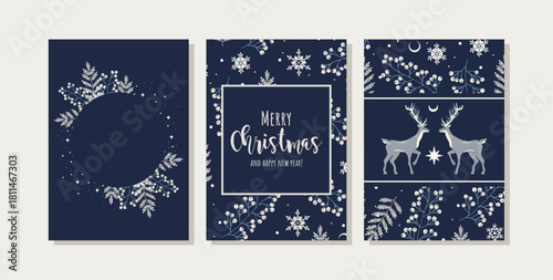 Merry Christmas cards with deers and leaves. Modern templates. Vector illustration.