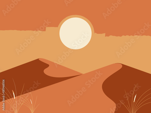 A serene desert landscape with rolling sand dunes illuminated by a bright sun, evoking feelings of tranquility, vastness, and the beauty of nature's simplicity and solitude.