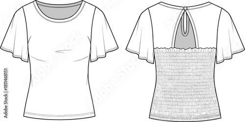 Women's top technical fashion illustration, flutter sleeves, smocked back, keyhole detail, front and back view, vector template for apparel design manufacturing