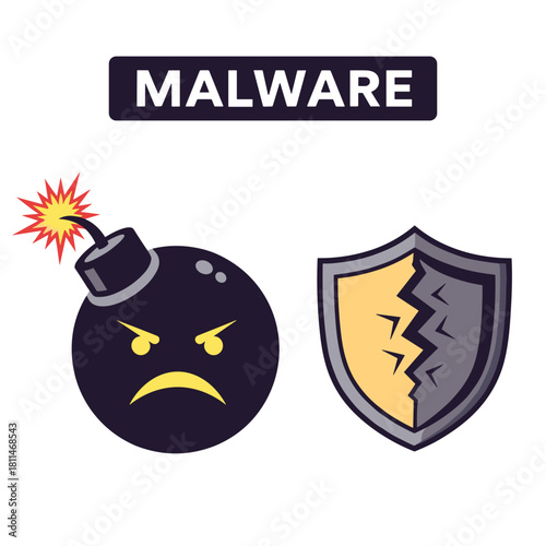 malware cyber attack broken shield flat illustration