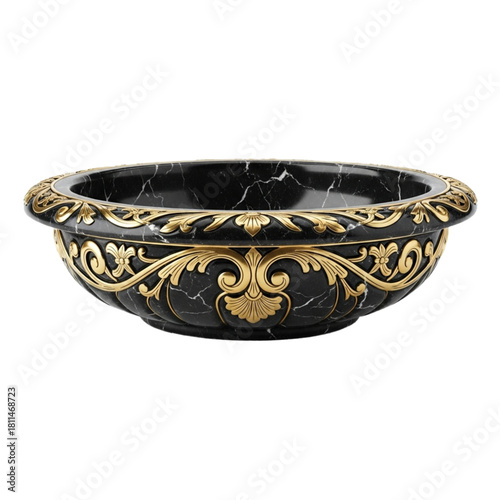 Ornate black marble basin with gold baroque trim. cutout on transparent background