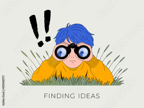 A young boy with blue hair peering through binoculars, seated in grassy surroundings, representing the quest for inspiration and the joy of discovery in creative pursuits.