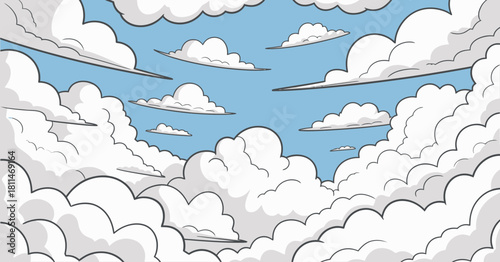 A panoramic view of an expansive sky filled with fluffy white clouds against a bright blue background, creating a serene atmosphere that conveys tranquility and the beauty of nature.