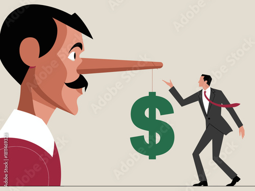 A thought-provoking illustration depicting a man with a long nose reminiscent of Pinocchio, symbolizing dishonesty, while another man attempts to lure him with money.